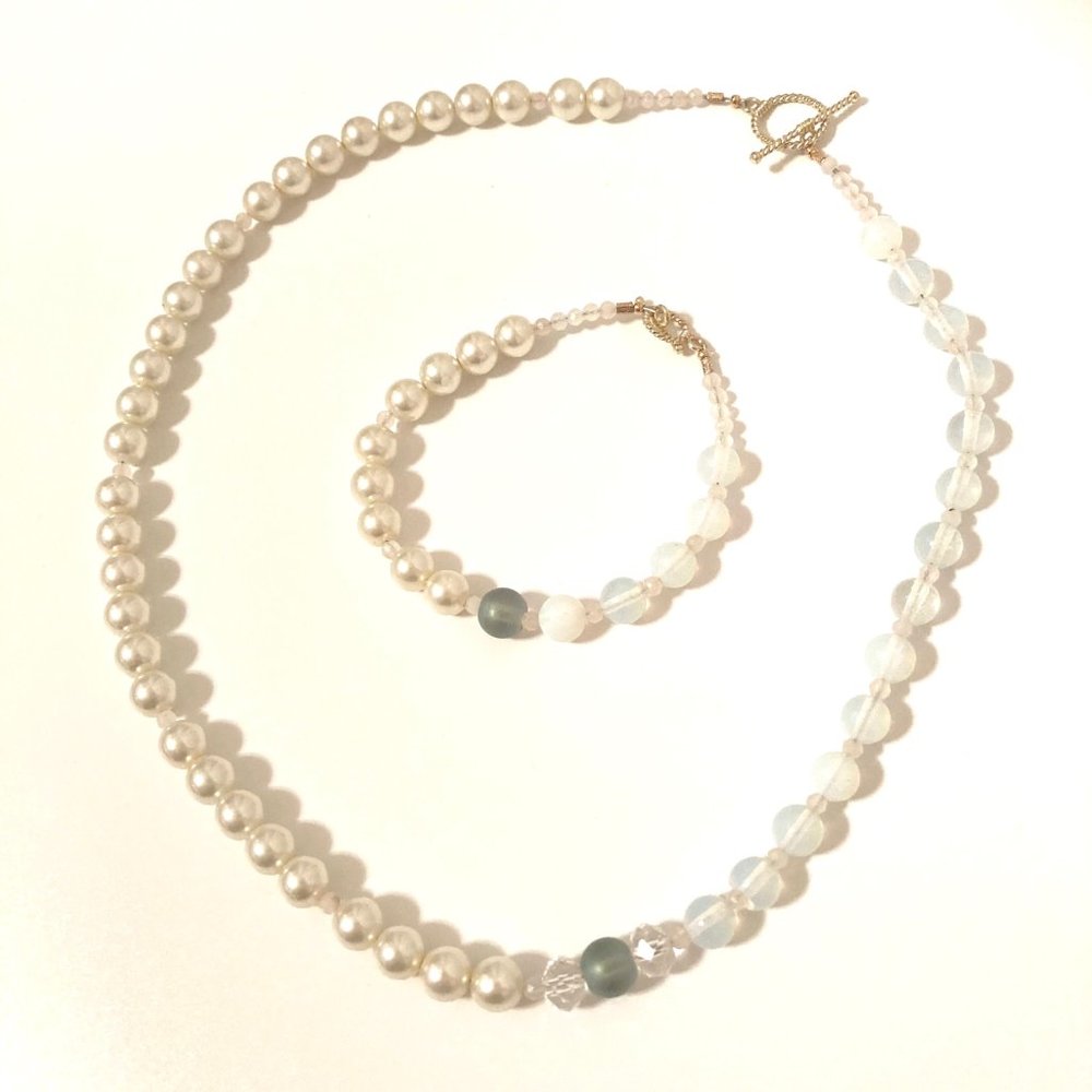 Short Pearls Necklace + Bracelet,  MoonStone Beads